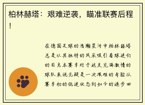 柏林赫塔：艰难逆袭，瞄准联赛后程！