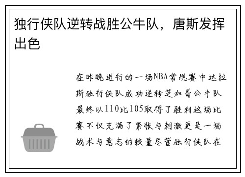 独行侠队逆转战胜公牛队，唐斯发挥出色