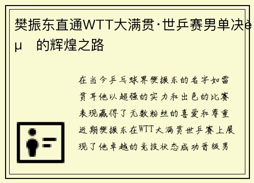 樊振东直通WTT大满贯·世乒赛男单决赛的辉煌之路
