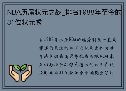 NBA历届状元之战_排名1988年至今的31位状元秀