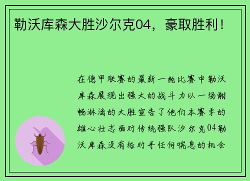 勒沃库森大胜沙尔克04，豪取胜利！