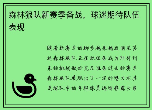 森林狼队新赛季备战，球迷期待队伍表现