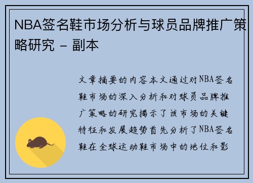NBA签名鞋市场分析与球员品牌推广策略研究 - 副本