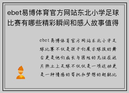 ebet易博体育官方网站东北小学足球比赛有哪些精彩瞬间和感人故事值得关注