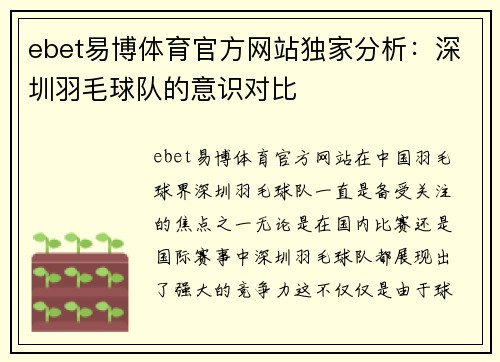 ebet易博体育官方网站独家分析：深圳羽毛球队的意识对比